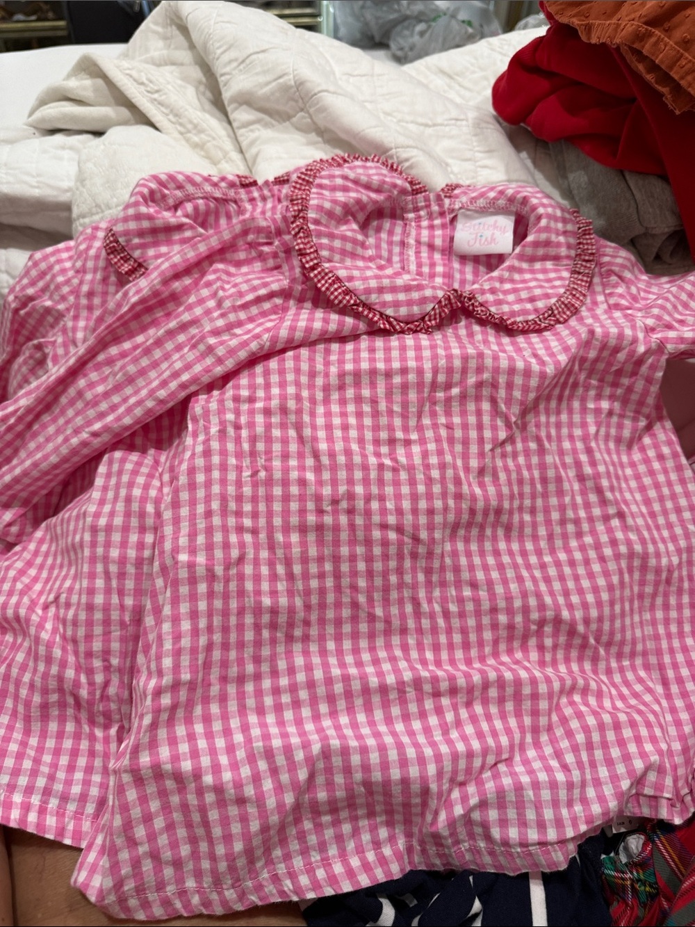 Pink Gingham Girls' Pajama Top with Ruffled Collar